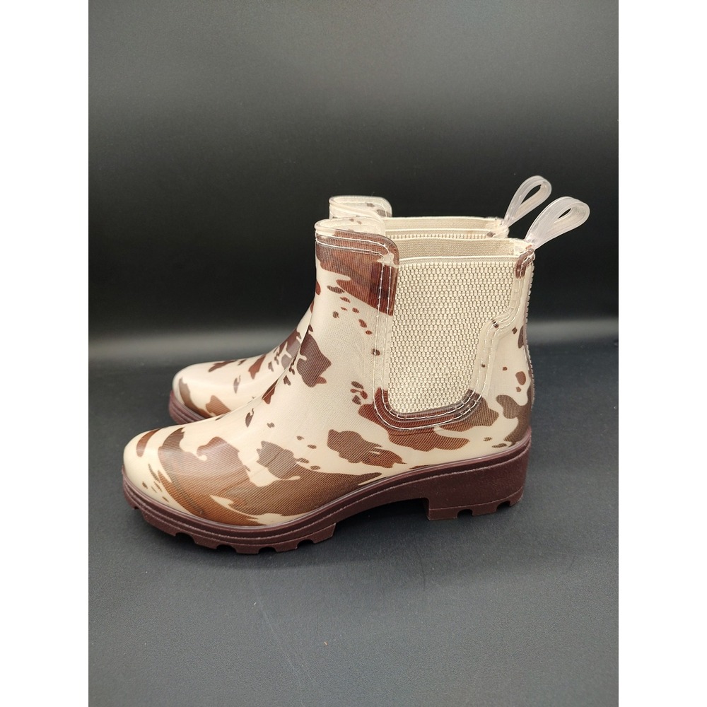 London Fog Womens Cow Print Rain Boots Brown Cream Chelsea Ankle Lug Sole Size 7 - Picture 6 of 9